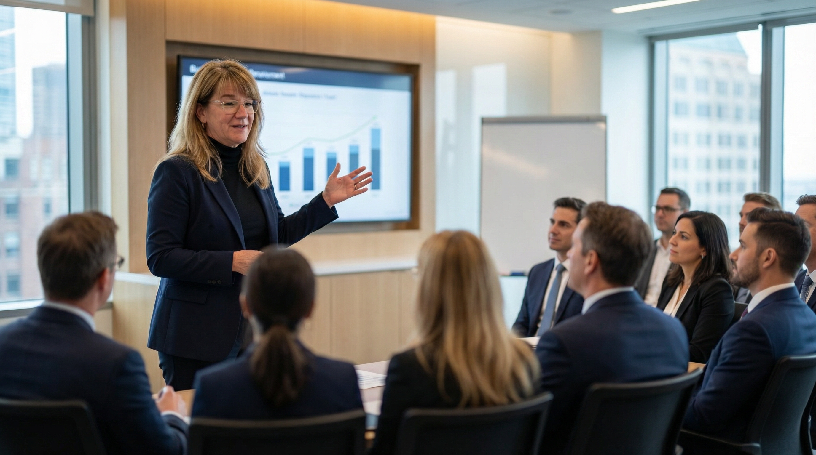Professional woman presenter leading a corporate training session with engaged audience